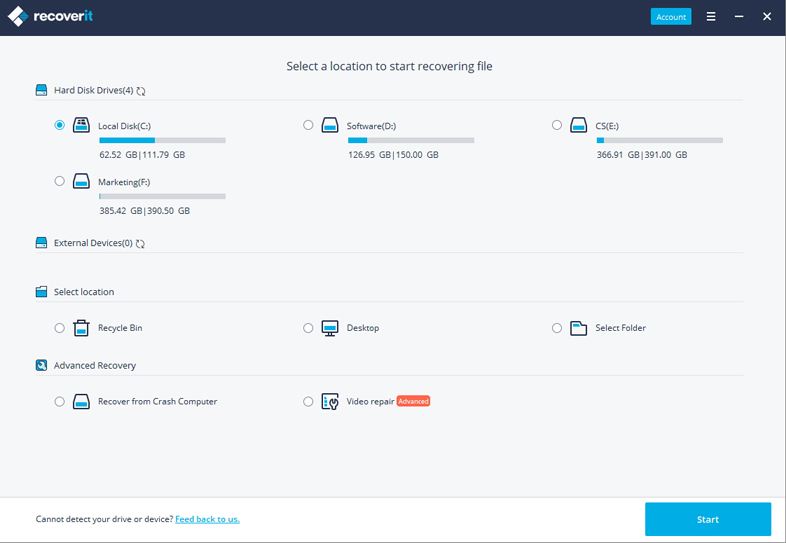 Select the location - recover your lost data